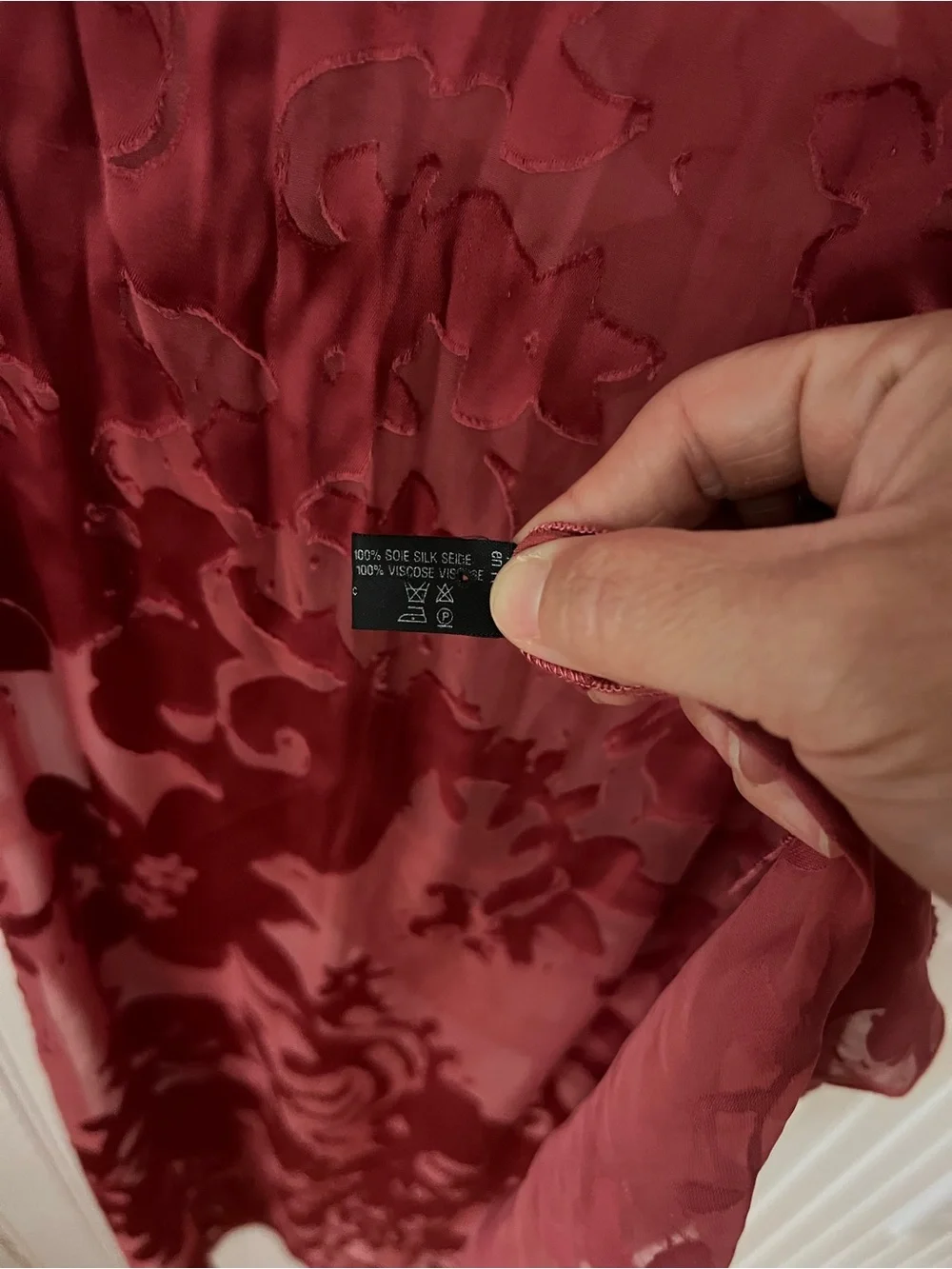Marc Rozier Paris Burnout Silk Velvet Scarf Burgundy Wine Floral Devore France